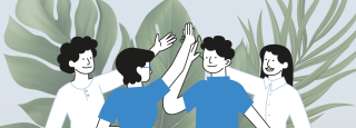 Words "Help Grow our Union" with a team high fiving and plants behind it.